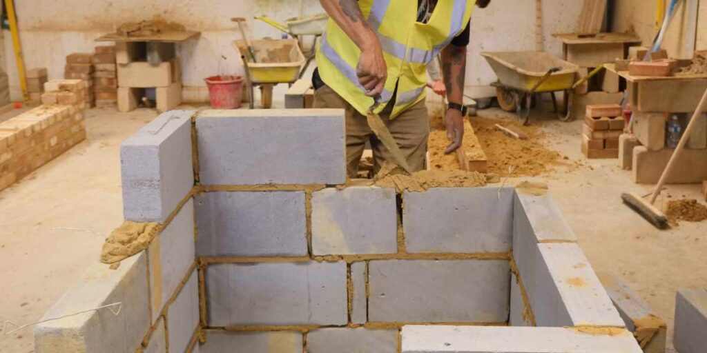 A worker wearing a hi-viz jacket and safety hat is constructing a wall from blocks using a trowel.