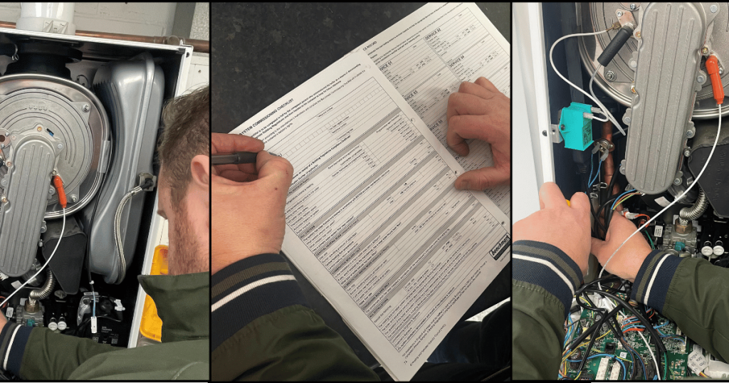 Able Skills gas trainee gas engineer completing their gas portfolio with an Able Skills employed Gas Safe registered engineer. Completion of recording, documenting and verifying the practical gas work.
