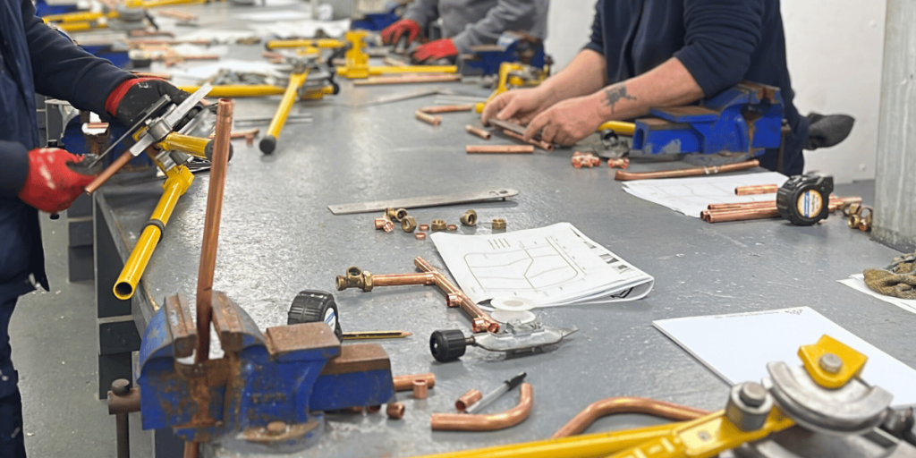 A workshop table with people working on copper tubing and pipebending in the plumbing workshop at Able Skills