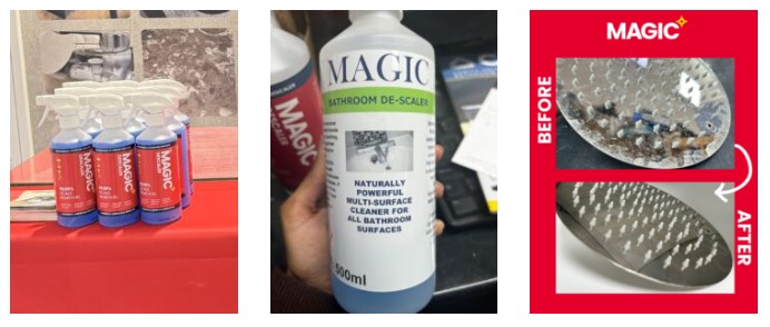 Magic Descaler with it's new label; in it's old packaging; a before and after photo of a limescaled shower head